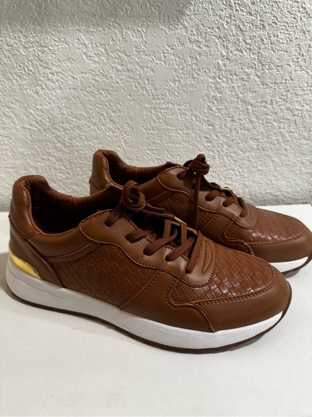 Michael Kors Brown Woven Leather-Style Athletic Sneakers with White Sole